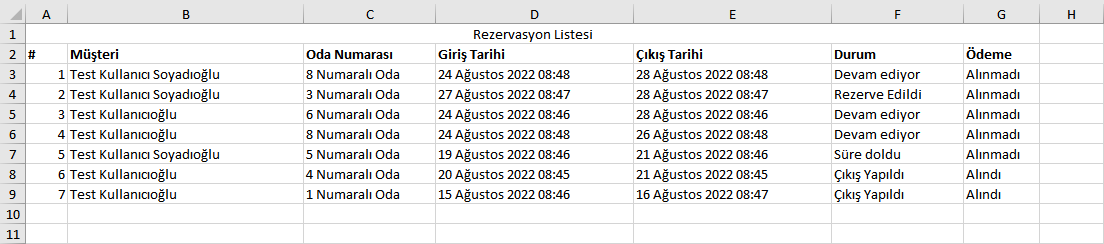 Misafirhane Yönetim Sistemi - excel raporu